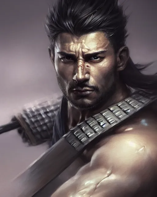 Image similar to face portrait of a handsome and ripped ronin, masculine features, short messy hair, wielding a katana, wearing a haori, by wlop and peter mohrbacher, dramatic action pose, extremely detailed shading, concept art, digital painting, trending on artstation, unreal engine 5, octane render, atmosphere, glow, cinematic lighting, full of color