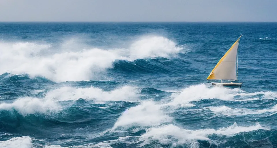 Prompt: ocean landscape with stormy waves and a sailboat in the foreground and a shining island in the background