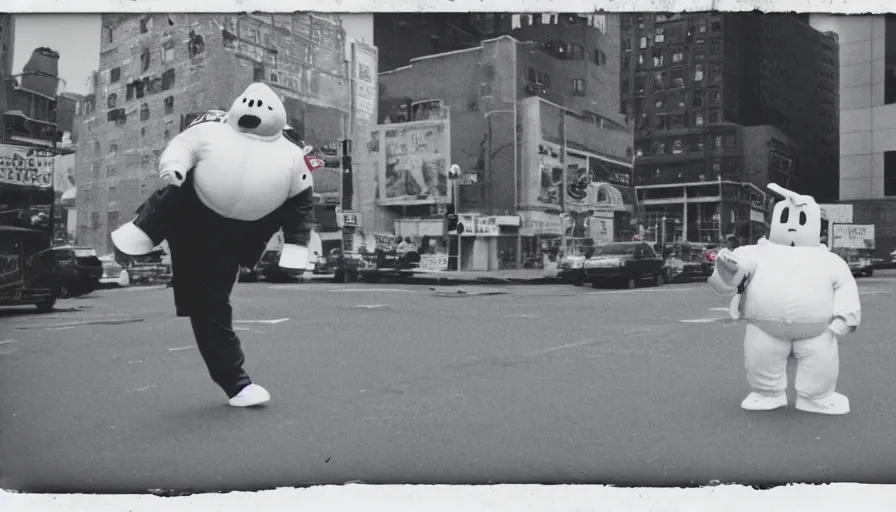 Image similar to the stay - puft marshmallow man breakdancing in harlem, new york, grainy, grungy, polaroid photograph, vintage, scanned