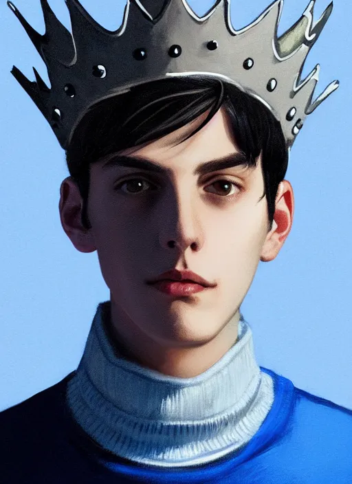 Image similar to portrait of teenage jughead jones wearing a light grey crown, crown, blue turtleneck, closed eyes, photorealistic, black hair, glowing lighting, intricate, elegant, glowing lights, highly detailed, digital painting, artstation, concept art, smooth, sharp focus, illustration, art by wlop, mars ravelo and greg rutkowski