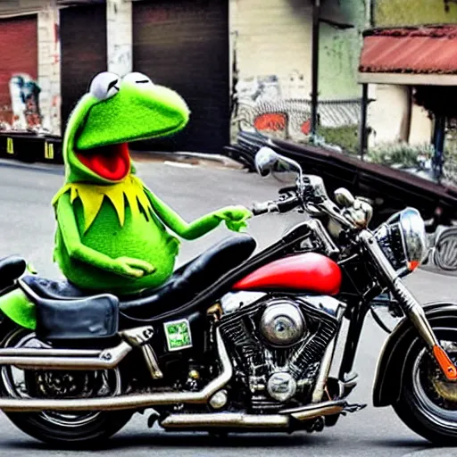 Prompt: Kermit the frog riding a Harley Davidson motorcycle in a leather jacket in a motorcycle gang 4k photo