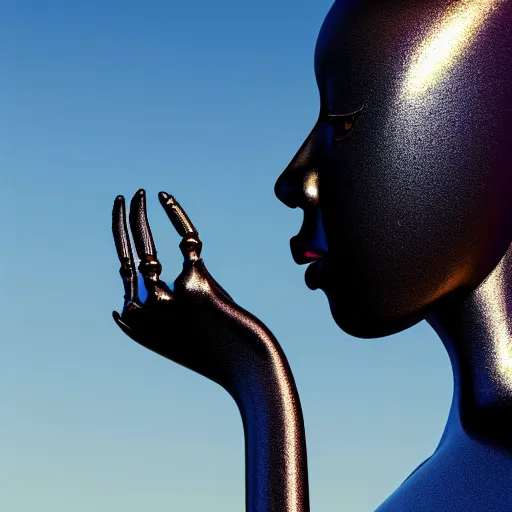 Image similar to portrait of metallic robot face, african woman, mercury, mirror reflections, smooth, liquid metal, proud, looking away, outdoor, blue sky, 8 k, realistic, depth of field, highly detailed, award winning photography