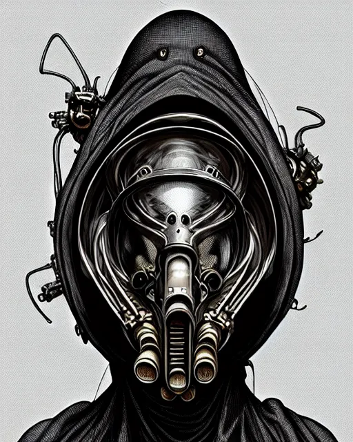 Prompt: front shot of a cyberpunk hooded dead biomechanical demon in gasmask mastermind character, intricate, elegant, highly detailed, centered, (((artstation, concept art, smooth, sharp focus, artgerm, Tomasz Alen Kopera, Peter Mohrbacher, donato giancola, Joseph Christian Leyendecker, WLOP, Boris Vallejo))), mugshot!!!!!, ugly!!!!!!, octane render, nvidia raytracing demo, grainy, muted
