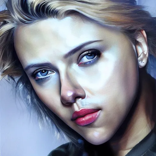 Prompt: hyper realistic candid portrait mixed media painting of beautiful Scarlett Johansson, hyper detailed, realistic eyes, cinematic lighting, masterpiece