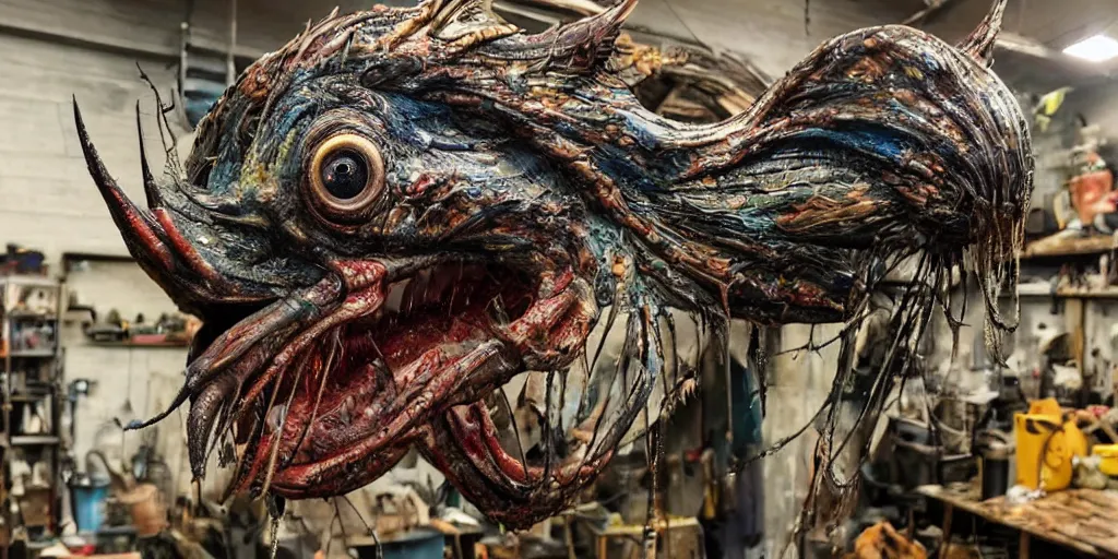 Image similar to photo taken of an epic intricate, ultra detailed, super realistic gritty, hero prop, exquisitely painted animatronic movie prop of a wet slimy grotesque nightmarish hellish avian creature displayed in the workshop, created by weta workshop, full body shot, photorealistic, sharp focus