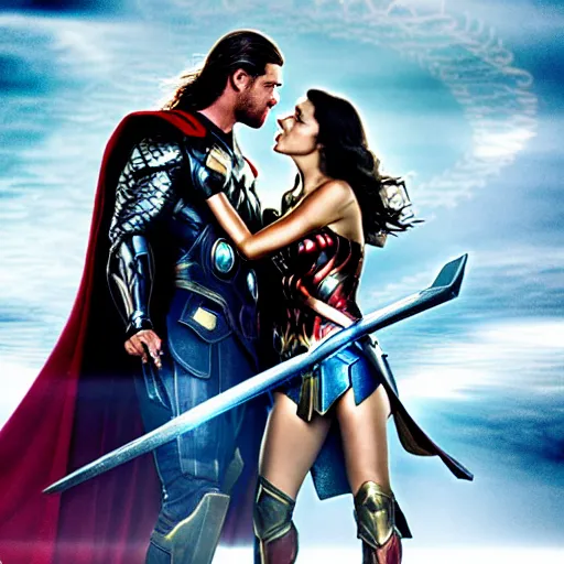 Prompt: chris hemsworth as thor, and gaul gadot as wonder woman, romantic movie scene, kissing, making out, photo