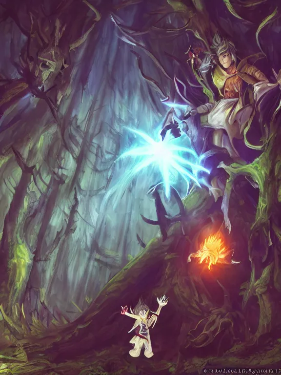 Image similar to magician fighting a final fantasy monster in a forest, fantasy, magical lights, detail,