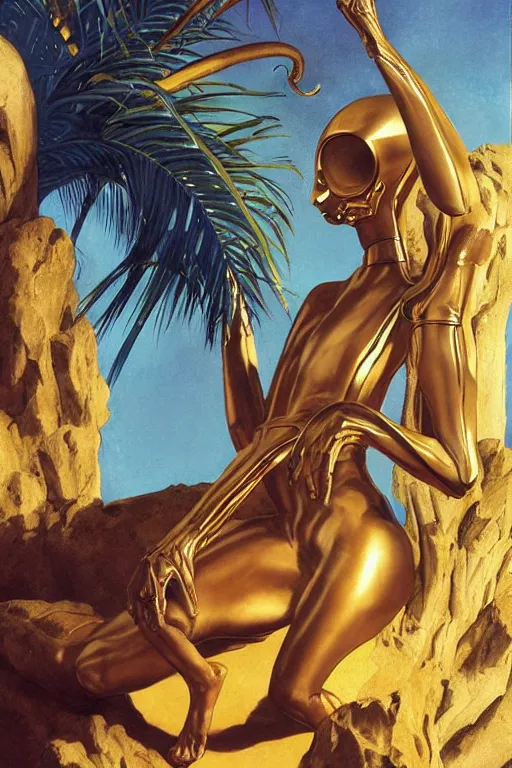 Prompt: an Alien, golden hour, next to a tropical pool, artstation, by J. C. Leyendecker and Peter Paul Rubens, - 12p