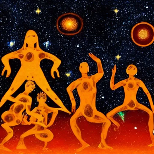 Image similar to the glowing human forms of pancha bhutas wielding their respective elements against a starry galaxy, with a small human silhouette prostrating in front of them