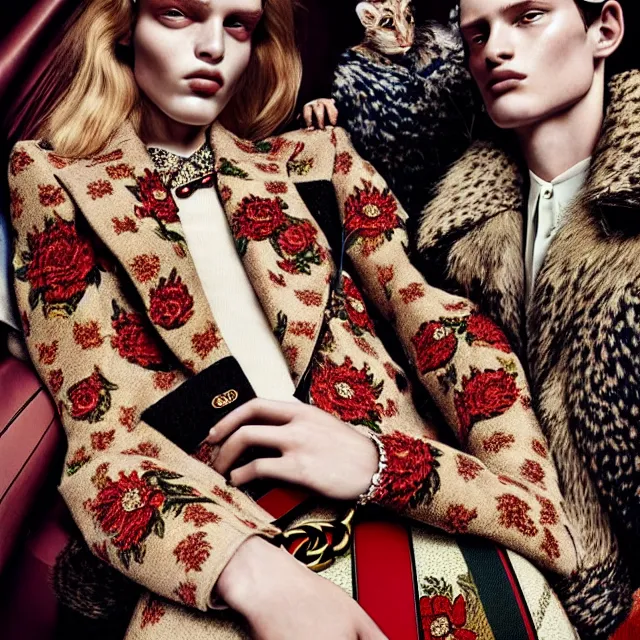 Image similar to a very beautiful gucci portrait, highly detailed, intricate, photography, fashion campaign