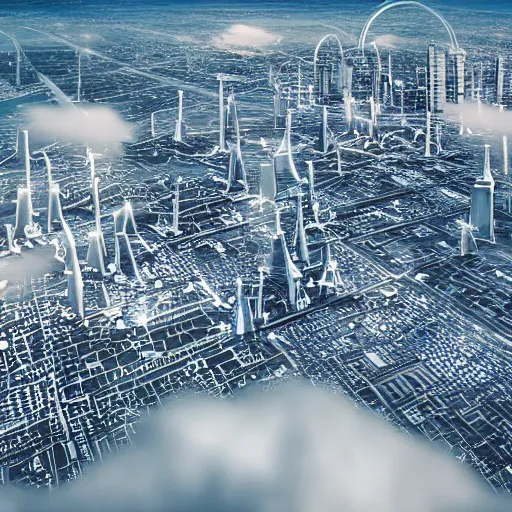 Prompt: photo of a heavenly technological city in the clouds highly detailed