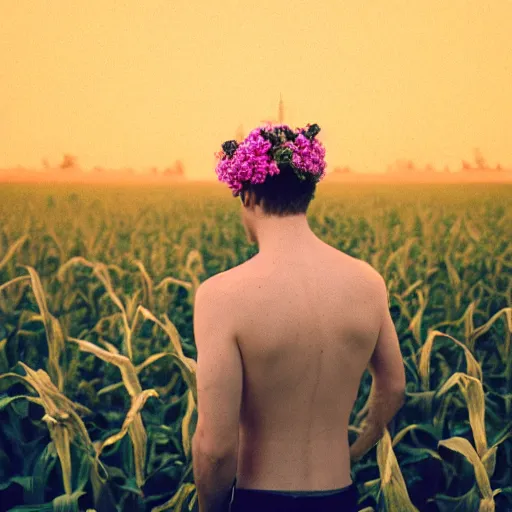 Image similar to agfa vista 4 0 0 photograph of a skinny blonde guy standing in a cornfield, flower crown, back view, grain, moody lighting, telephoto, 9 0 s vibe, blurry background, vaporwave colors!, faded!,