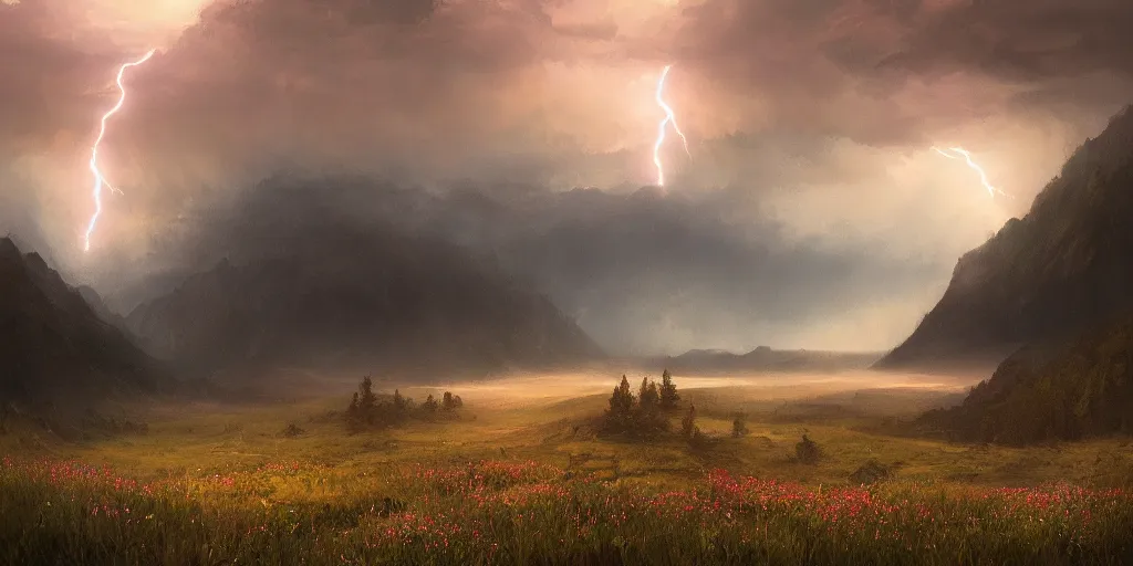 Image similar to a thunderstorm in the mountains, first light, mountains, lightning, meadow, wildflowers, clouds, dramatic lighting, sunrise, by greg rutkowski and jeffrey smith, trending on artstation