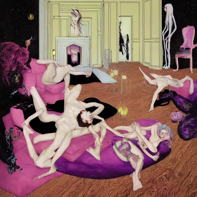 Prompt: One man and one woman attached by love in a living room of a house, floating dark energy surrounds the middle of the room. There is one living room plant to the side of the room, surrounded by a background of dark cyber mystic alchemical transmutation heavenless realm, cover artwork by francis bacon and Jenny seville and martine johanna, midnight hour, part by adrian ghenie, part by jeffrey smith, part by josan gonzales, part by norman rockwell, part by phil hale, part by kim dorland, palette knife texture, smudged paint, muted cold colors, artstation, highly detailed