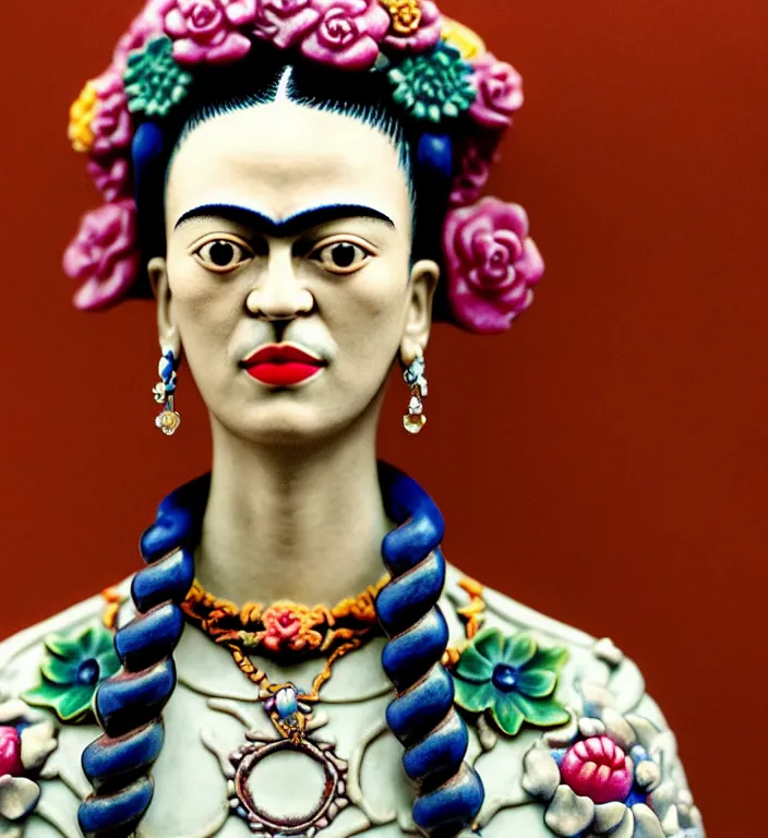 Image similar to Frida Kahlo , A Close up photo-real delicate ceramic porcelain sculpture of a symmetrical ornate detailed in front of an intricate background by Victo Ngai and takato yamamoto, micro detail, backlit lighting, face in focus, subsurface scattering, translucent, thin porcelain, octane renderer, colorful, physically based rendering, japanese pottery, trending on cgsociety