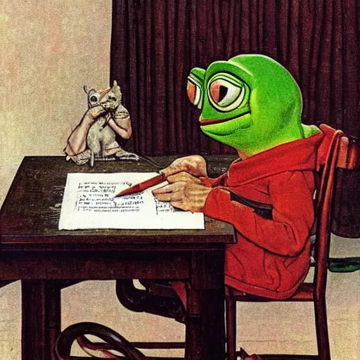 Image similar to pepe the frog writing a letter by norman rockwell