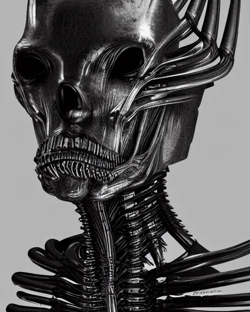 Image similar to H.R. Giger character design, black outfit with metallic and translucent parts. rib-cage is metallic. otherwordly humanoid. that steals faces. full body, render, trending on artstation, unreal engine 4k, detailed, Unreal engine, octane render