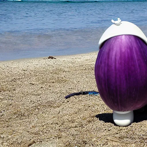 Prompt: huge eggplant in look like robot sunbathing on the beach among people, photo,