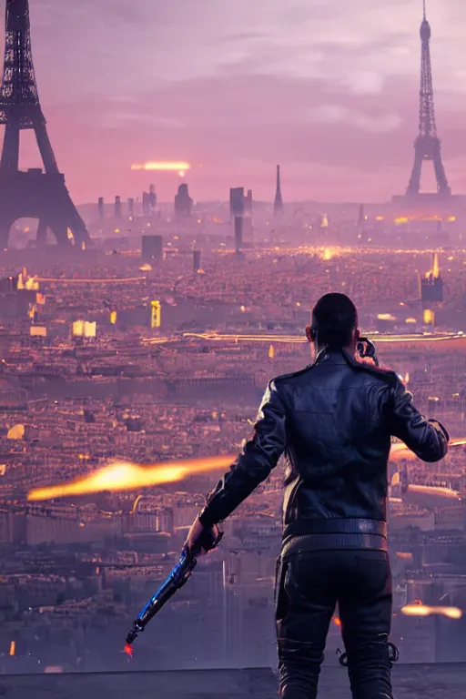 Prompt: in the foreground Paris, in the background a dark-haired man from behind playing with black flames coming out of his hands wearing a long matrix-style jacket, realistic, high definition, many details, dramatic scene, symmetrical face, realistic eyes, art of cyberpunk 2077