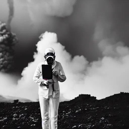 Prompt: woman with white suit, she wear gasmask, standing close to volcano, fire raining, professional photography, black and white, cinematic, eerie