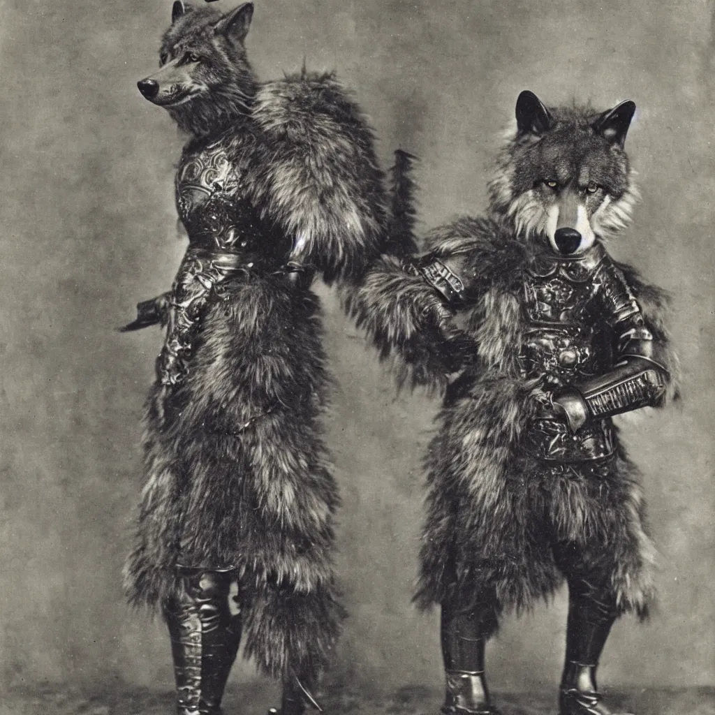 Prompt: anthropomorphic furry wolf in suit of armor of unknown origin, 1900s photograph