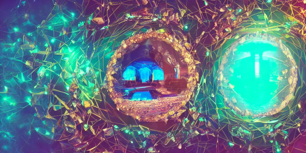 Prompt: jeweled enchanted crystal spherical portal to another realm. unimaginable amazing astonishing astounding unreal and octane and blender and unity render. post - processed color corrected. crisp. focused. sharp. vibrant. epic composition. symmetrical 8 k. uhd.