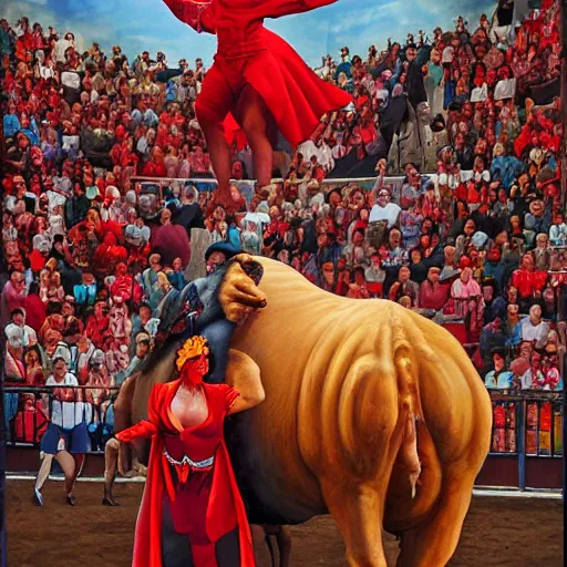 Image similar to electric red by frieke janssens, by glen fabry. a mixed mediart of a bullfight in spain. the mixed mediart is set in an arena with spectators in the stands. several figures in the mixed mediart, including a matador & a bull.