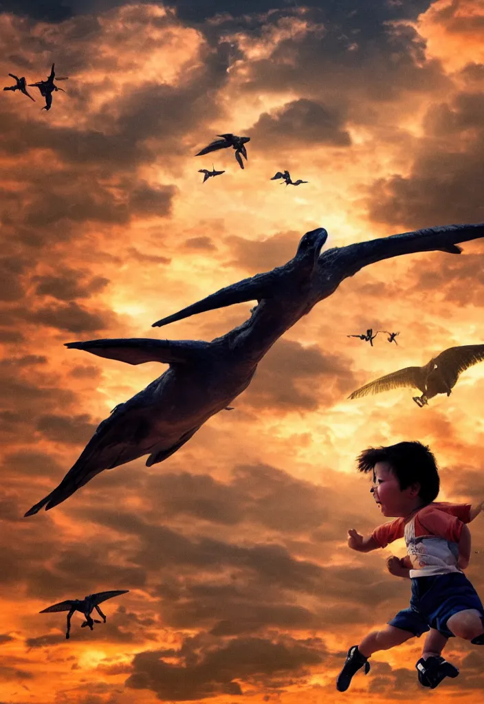 Image similar to a running child looking at a pterodactyle flying in the sky in the style of a movie poster, realistic, super detailed, cinematographic, epic lighting