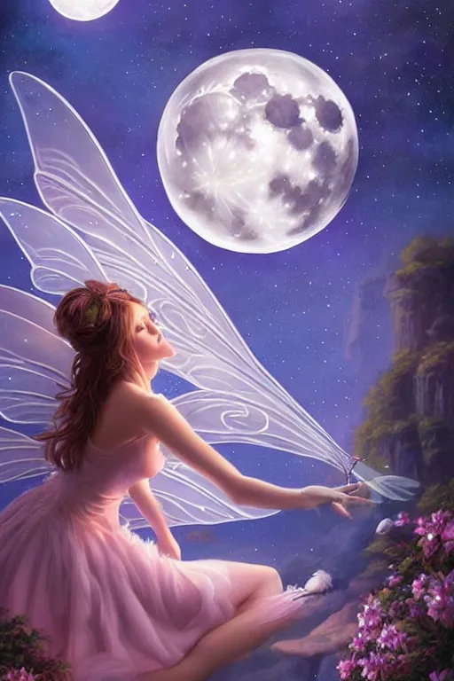 Image similar to attractive fairy magically floating high in the night, fantasy, full moon in background. highly detailed painting by artgerm, mid shot, 8 k