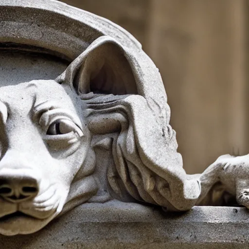 Image similar to gargoyle with the head of a corgi made of stone, uncropped, photography