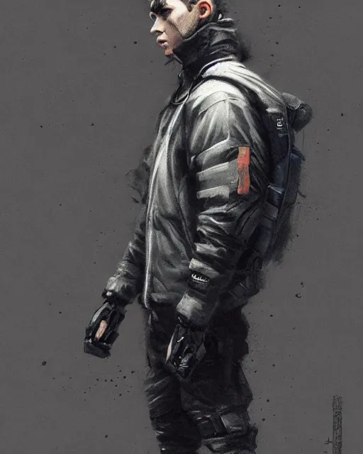 Prompt: Medium shot of a character wearing techwear in the style of greg rutkowski