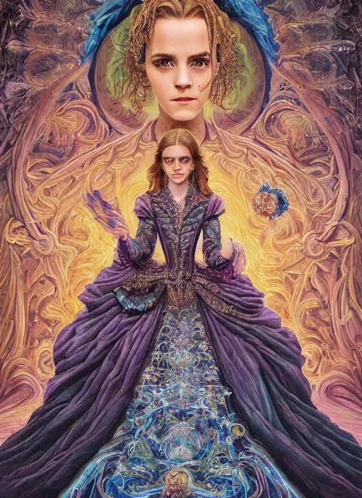 Image similar to beautiful oil painting, full length portrait of Emma Watson in baroque coronation robes 1701, Dan Mumford, Dan Mumford, Alex grey, highly detailed , lsd visuals, dmt fractal patterns, hallucinogen, visionary art, psychedelic art, ornate, vaporwave, baroque, Greg rutkowski