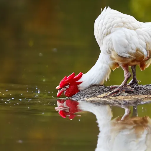 Image similar to close up photo of a chicken, drinking water from a lake in tasmania, bokeh, 4 0 0 mm lens, 4 k award winning nature photography