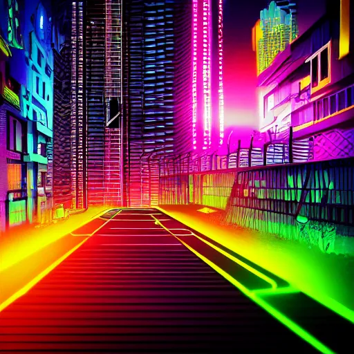 Prompt: cyberpunk city, neon, bright colors, midnight, person on rooftop, shadowy.