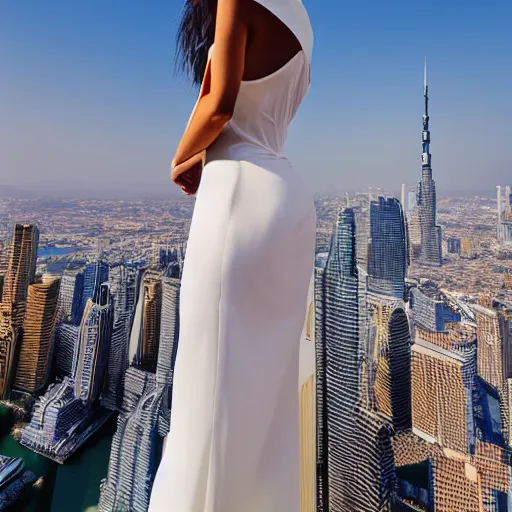 Image similar to Award-winning photography of the most beautiful woman to have ever existed, posing at the top of the world\'s tallest building