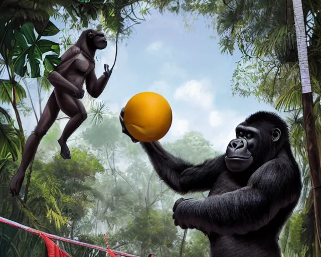 Image similar to a gorilla holding a volleyball and playing volleyball in a jungle, volleyball net, digital illustration, inspired by greg rutkowski and artgerm, high detail