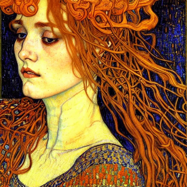Image similar to detailed realistic beautiful young medieval queen face portrait by jean delville, gustav klimt and vincent van gogh, art nouveau, symbolist, visionary, gothic, pre - raphaelite, muted earthy colors, desaturated, neutrals