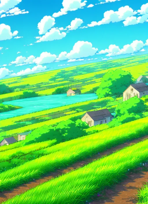 Image similar to a colourful ultradetailed anime illustration of a rainy fields and villages, river, sky, summer, by ghibli, makoto shinkai, bright and transparent animation style, anime art wallpaper 4 k, trending on artstation