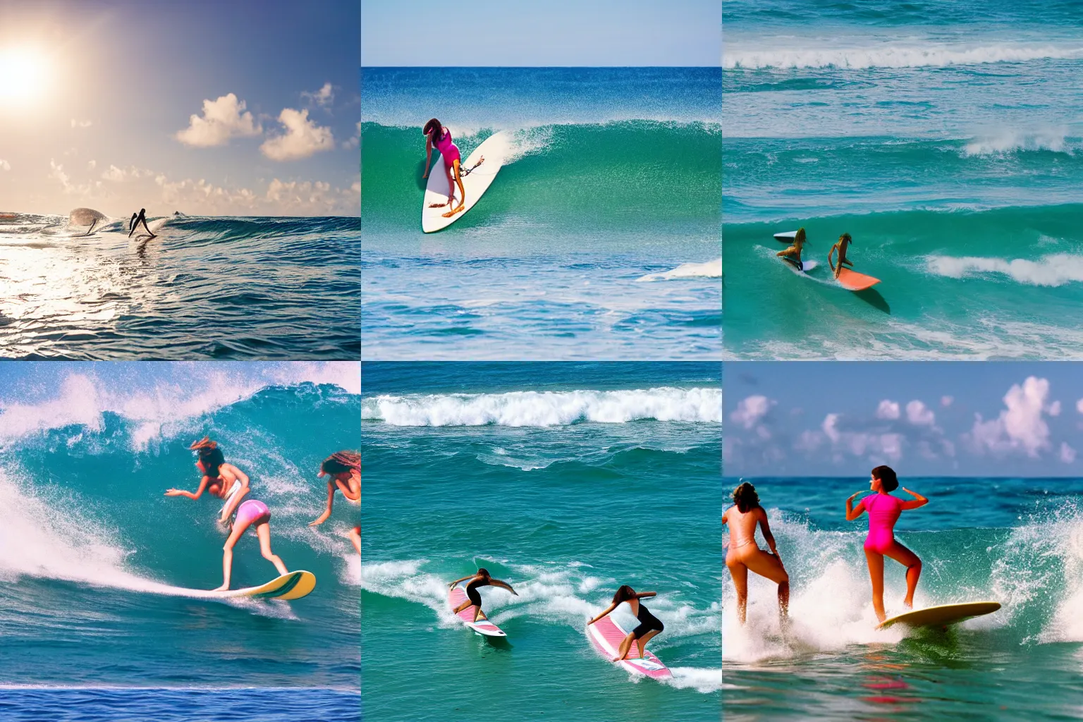 Girls Surfing On Ocean USA Miami California Sun Stable Diffusion 