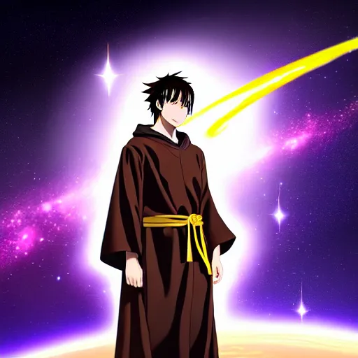 Prompt: a man with with brown hair, wearing a black robe with the tips made of gold, setting in space with a galaxy in the backround, anime, trending on artstation, high quality