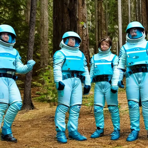 Image similar to a squad of space scouts wearing cyan camo uniforms with white armor and helmets exploring a forest planet