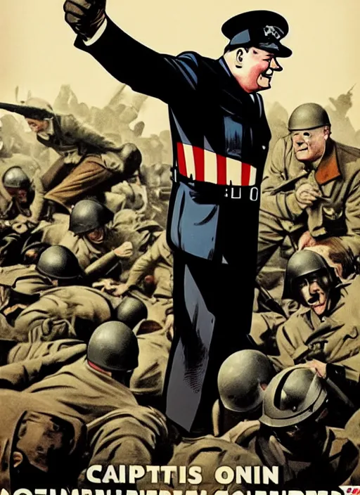 Image similar to winston churchill captain america standing on a pile of defeated, beaten and broken german soldiers. captain england wins wwii. brittish wwii propaganda poster by james gurney and pixar. overwatch.