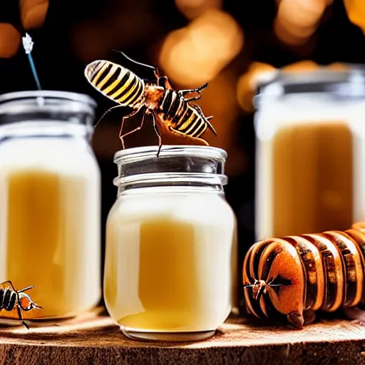 Image similar to insects at a party drinking honey and milk.