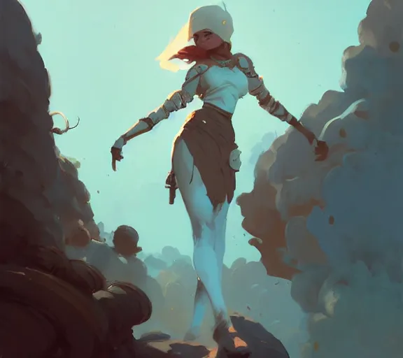 Prompt: painted woman adventurer on her journey, fantasy, by atey ghailan, by greg rutkowski, by greg tocchini, by james gilleard, by joe fenton, by kaethe butcher, hearthstone, art by artgerm dynamic lighting, gradient light blue, brown, blonde cream and white color scheme, grunge aesthetic