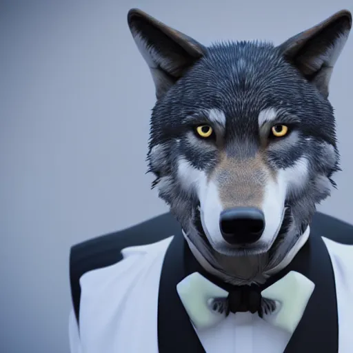 Prompt: 3 d render of a wolf as a gentleman wearing tuxedo in magical forest, smooth render, unreal engine 5, wet reflections, studio lighting, cinematic perspective, full hd