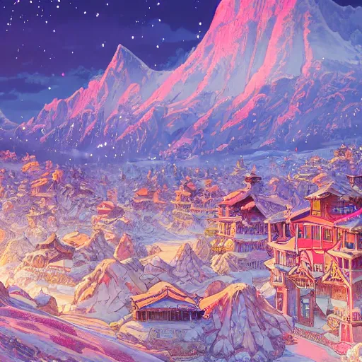 Image similar to the aesthetic view of the beautiful, grand, wistful, dreamy snowcapped mountain at dusk, hyperrealistic anime illustration by iralki nadar, colorful, extremely detailed, intricate linework, super sharp focus, bright colors, octopath traveler, studio ghibli, unreal engine 5 highly rendered, global illumination, radiant light, detailed and intricate environment