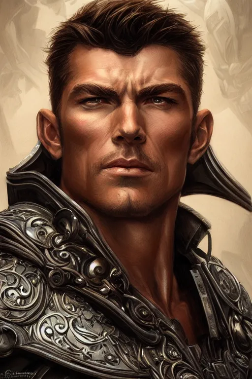 Image similar to muscled ruggedly handsome hero, intricate, elegant, highly detailed, centered, digital painting, artstation, concept art, smooth, sharp focus, illustration, art by artgerm and donato giancola and Joseph Christian Leyendecker, Ross Tran, WLOP