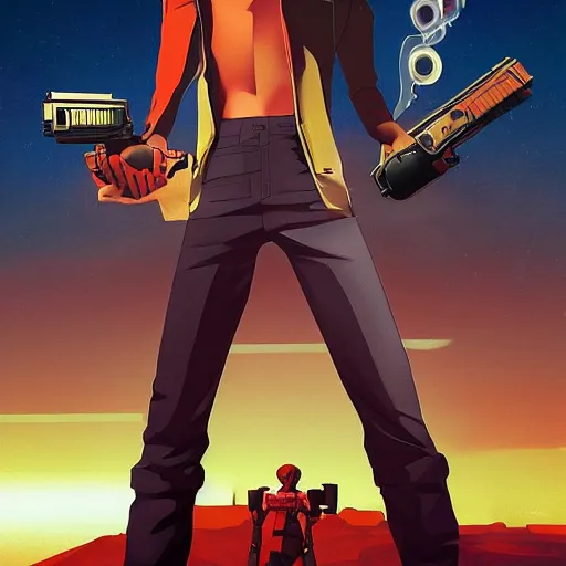 Image similar to , hyperrealistic spike from anime cowboy bebop holding two handguns looking into the distance of space, physically accurate, dynamic lighting, intricate, elegant, highly detailed, very very Roberto Ferri, sharp focus, very very unsettling, very terrifying, illustration, wideshot, spike in on top of his red spaceship and he is looking over a dystopian cyber city on Mars art