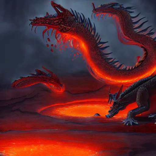 Prompt: commission of a beautiful digital painting of a feminine female dragon dragoness feral bathing wading in lava molten pool, atmospheric lighting, concept art, detailed, furaffinity, trending on artstation