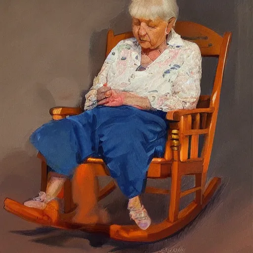 Image similar to painting in the zandinsky style of a grandmother sitting in a rocking chair, surrounded by her grandchildren, while she tells them a story, hiperrealism, artstation